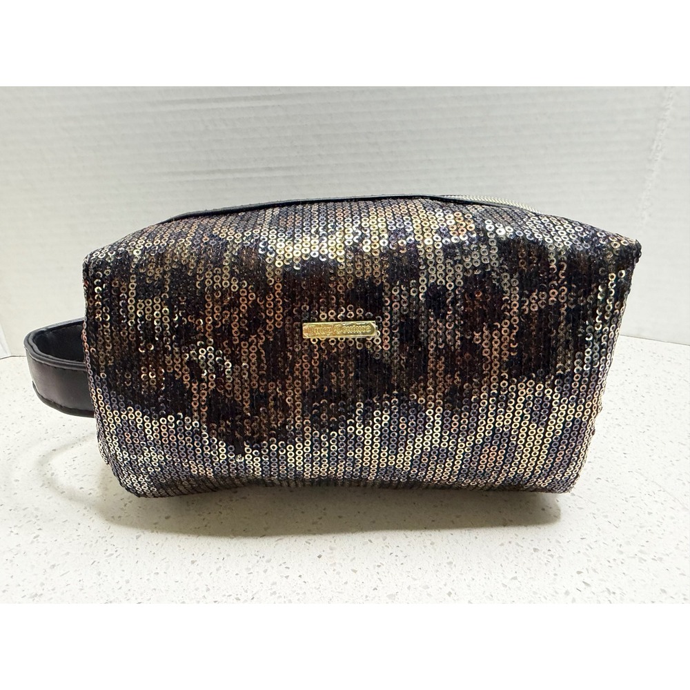 Juicy Couture Leopard Sequin Makeup Bag Gold Black Travel Cosmetic Case
